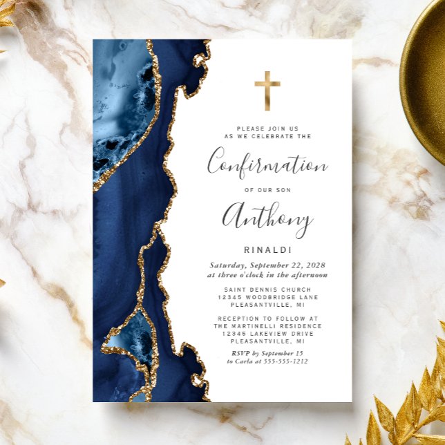 Agatgeod Blå Guld Glitter Konfirmation Inbjudningar (Skapare uppladdad)