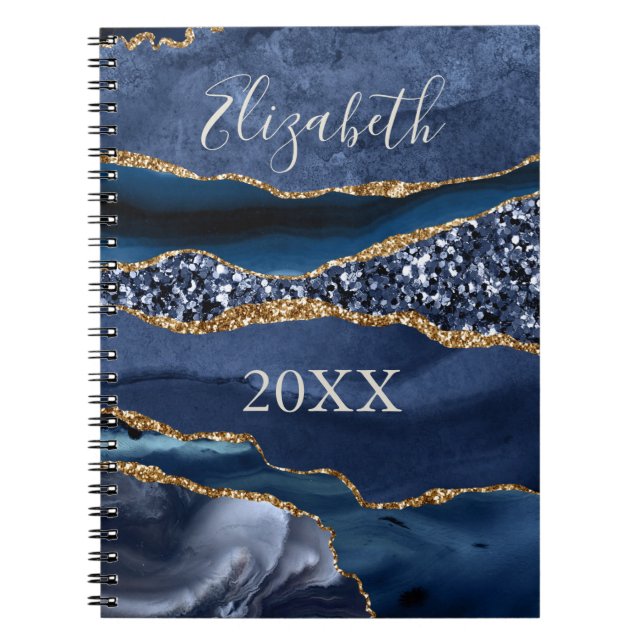 Agatmarble Namn Blue Guld Glitter Anteckningsbok (Framsidan)