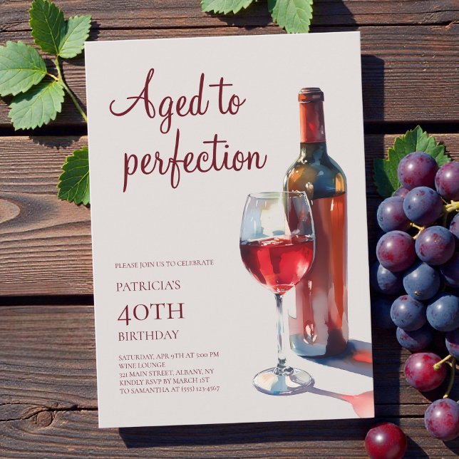 Aged to Perfection Wine Adult 40th Birthday Party Inbjudningar (Aged to Perfection Wine Adult 40th Birthday Party Invitation)