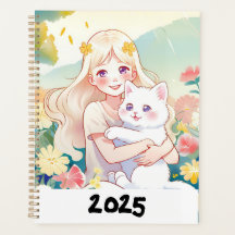 Agenda de chica abrazando a un gato