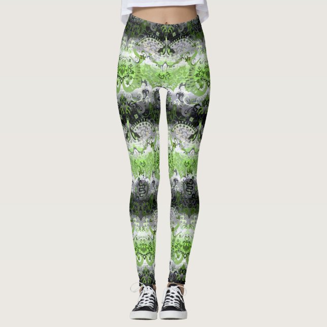 Agender Dragon Damask - Agender Pride Flagga Färg Leggings (Framsida)