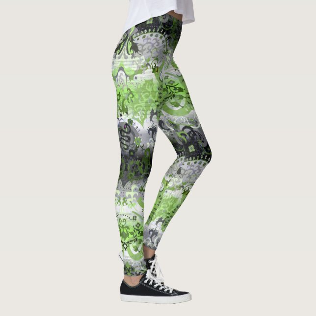 Agender Dragon Damask - Agender Pride Flagga Färg Leggings (Höger)