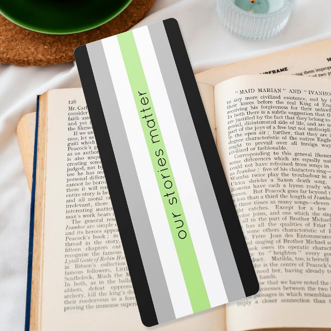 Agender Pride Flagga Rand HBT-bokmärke (Agender flag bookmark that says 'our stories matter')