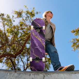 Agera ditt namn på Lila Violet Guld Glitter Geode Mini Skateboard Bräda 18,5 Cm