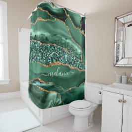 Agera Grönt Marble Shower Curtain Guld Glitter