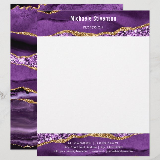 Agera Lila Violet Guld Glitter Modern Letterhead Brevhuvud (Fram/baksida)