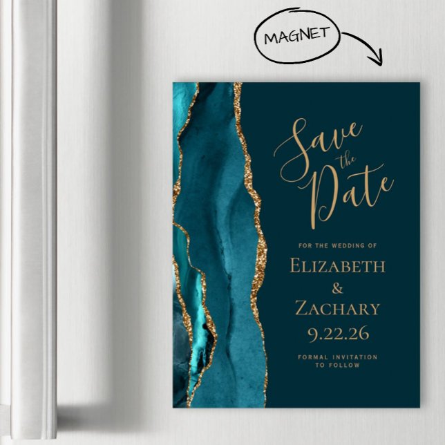 Agera Mörk Teal Blue Guld Magnetic Save the Date (Skapare uppladdad)