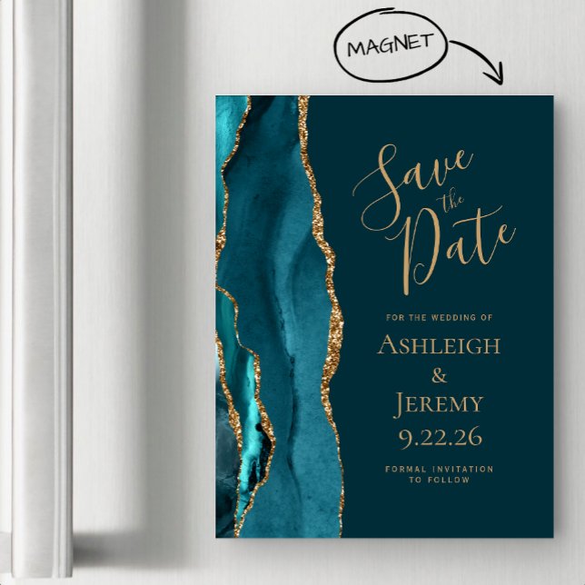 Agera Mörk Teal Blue Guld Magnetic Save the Date (Skapare uppladdad)