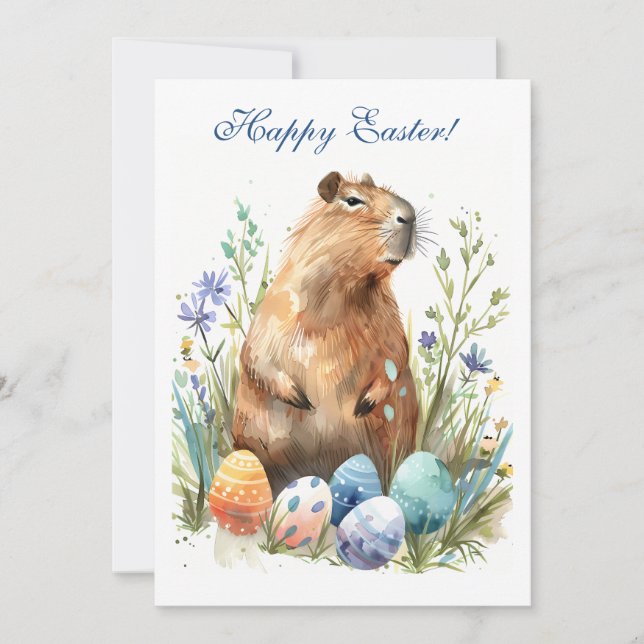 Ägg-ande påskkapybara: Sällsam och färgrik Julkort (Framsida)