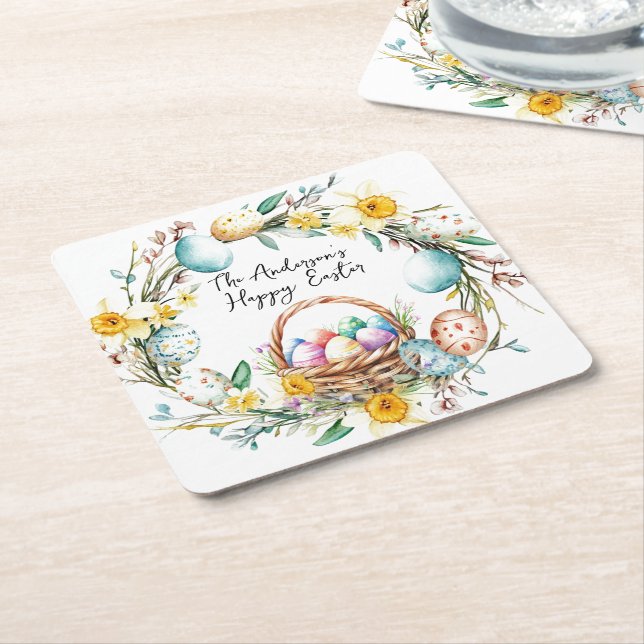 Ägg basket med dekorativa ägg I blommigt Påsk Underlägg Papper Kvadrat (Vinklad)