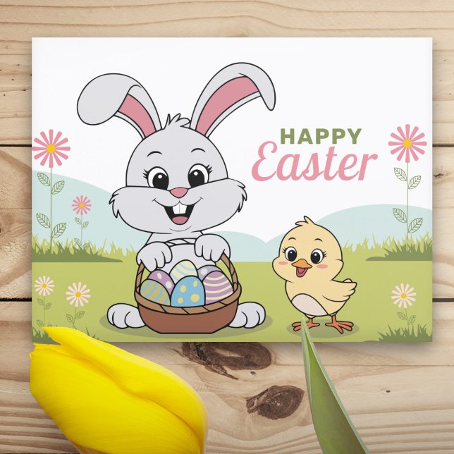 Ägg, Bunny och Chick - Glad påsk Vykort (Eggs, Bunny and Chick - Happy Easter Postcard)