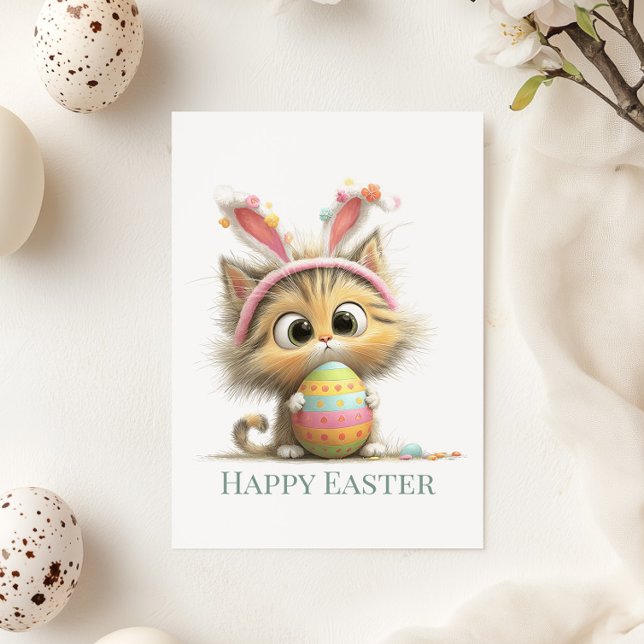 Ägg-extra söt påskkatt platt kort (Egg-stra Cute Easter Cat Flat Greeting Card on a sunny table with Easter and Spring decor)