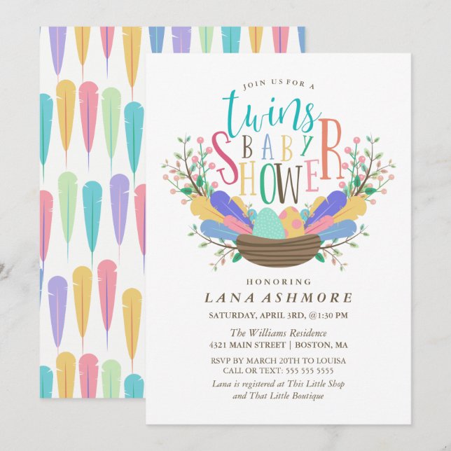 Ägg & färgrik fjädertwillingarbaby shower inbjudningar (Fram/baksida)
