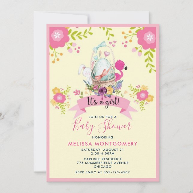 Ägg, Flamingo, Kanin och Blommor Baby Shower Inbjudningar (Framsida)