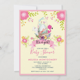 Ägg, Flamingo, Kanin och Blommor Baby Shower Inbjudningar