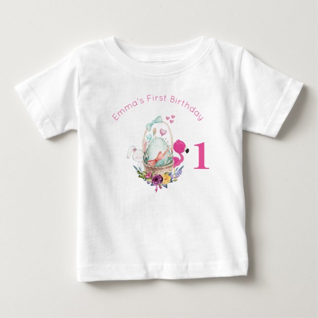 Ägg, Flamingo och Bunny Första födelsedag T Shirt (Framsida)