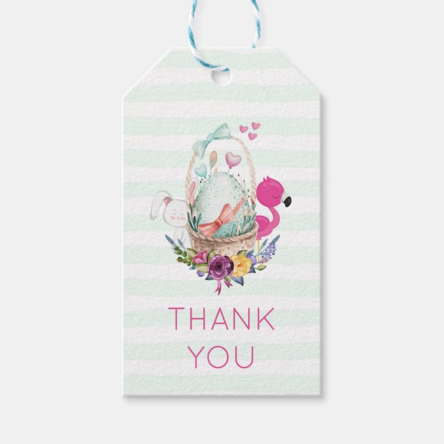 Ägg i Basket med Flamingo och Bunny Tack Presentetikett (Framsidan)
