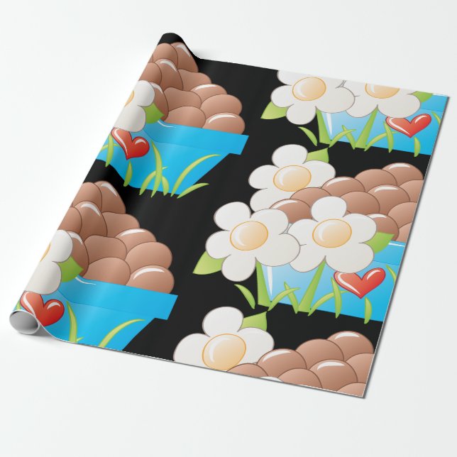 Ägg i Blue Bowl med blommor och hjärta Presentpapper (Utrullad)