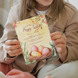 Ägg i fågelrede och blommigt gult glad påsk inbjudningar