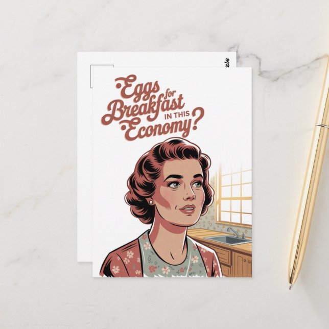 Ägg till frukost i den här ekonomin Retro Woman Vykort (Fram/Back In Situ)