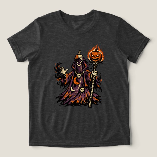 Äggplanta Mörk Trollkarl Halloween — Kuslig Retro  T Shirt (Design Framsida)