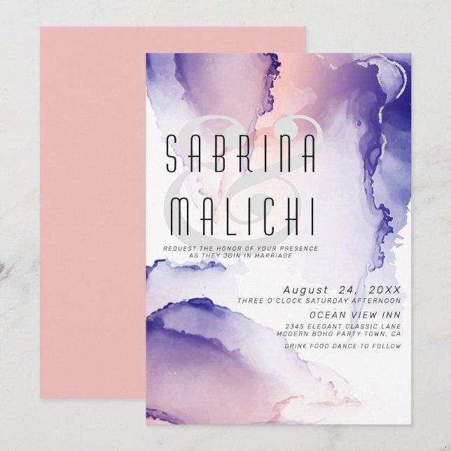 Äggplants Lila och Ro Chic Alkohol Bläck Inbjudningar (Fram/baksida)