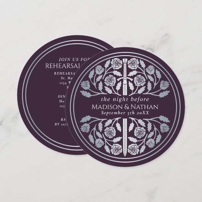 Äggplattans Silver Svärd Bröllopsrepetition Inbjudningar (Fram/baksida)