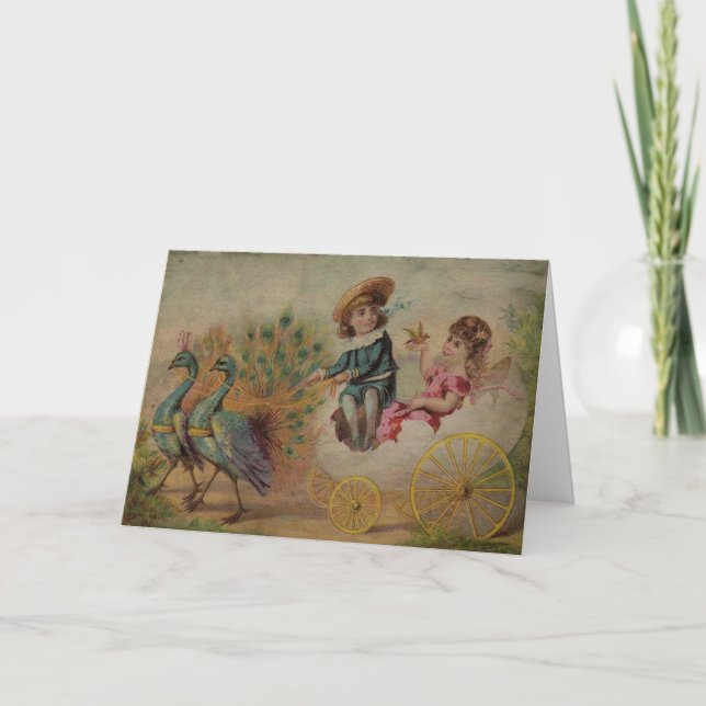 Äggskalstunn vagn för påsk som dras av påfåglar helgkort (Framsida)