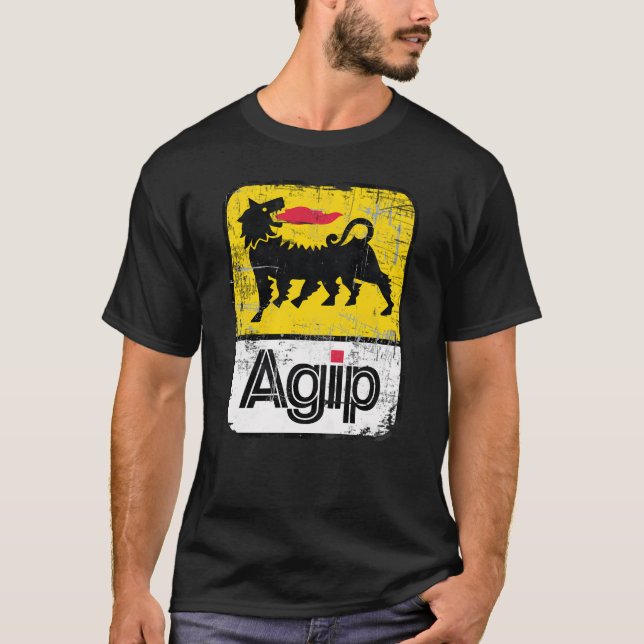 Agip Lubricants Logotyp 1968, 1998, Distress Versi T Shirt (Framsida)