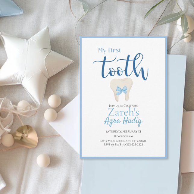 Agra Hadig Armenian First Toth Blue Anpassade Inbjudningar (Baby Boy First Tooth Agra Hadig Invitation)