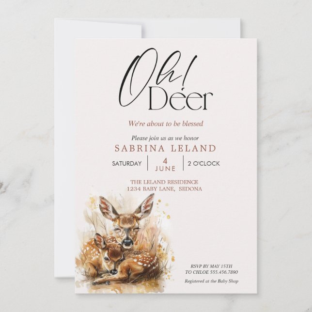 Åh Älg! Akvarellfawn och Dovhjort Baby Shower  Inbjudningar (Framsida)