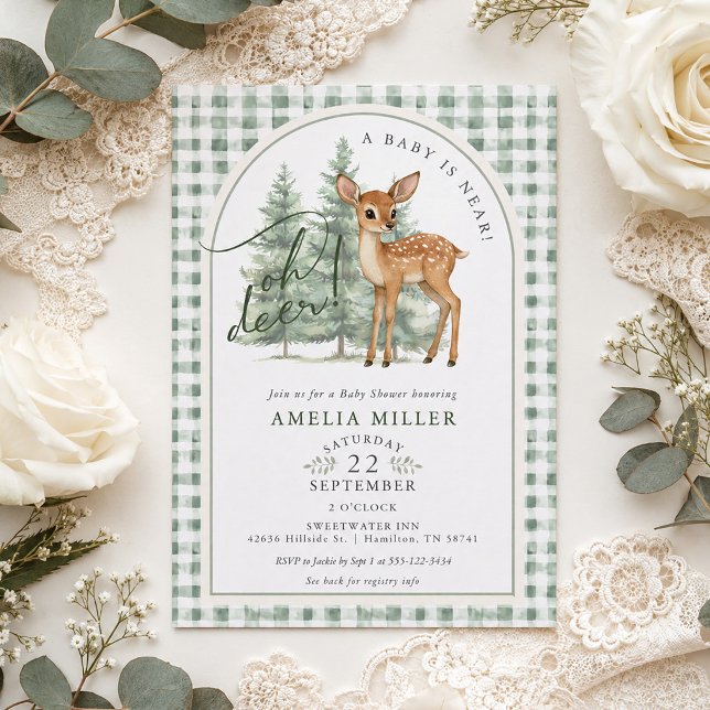 Åh Älg Könsneutral Grön Gingham Barnkalas Inbjudningar (Oh Deer Gender Neutral Green Gingham Baby Shower Invitation)