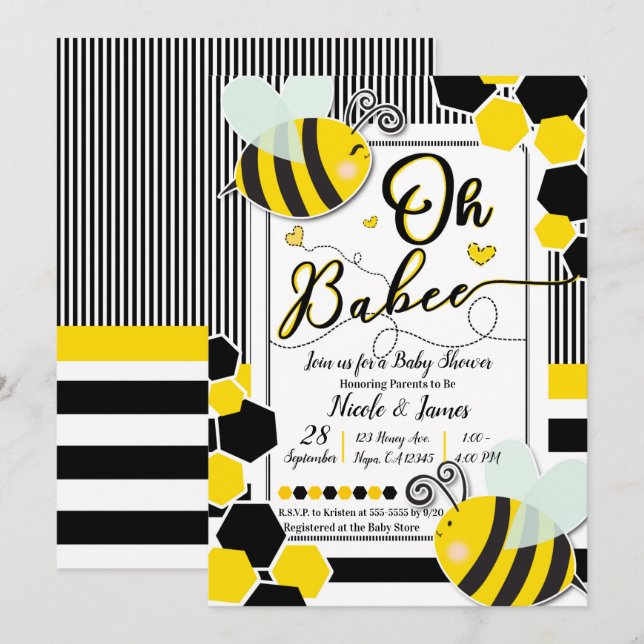 Åh BaBEE Bee Baby Shower Vit Inbjudningar (Fram/baksida)