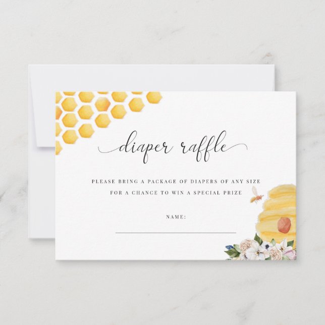 Åh Babee Gult Bee Blommigt Diaper Raffle Card Tack Kort (Framsida)