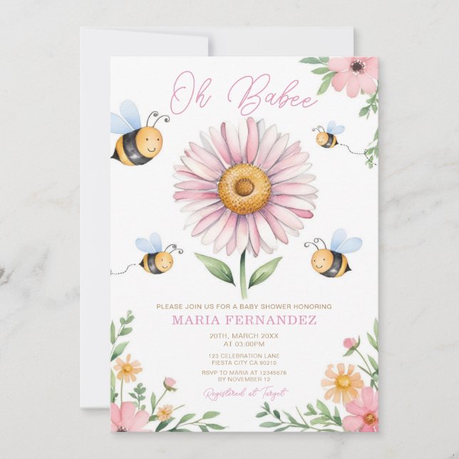 Åh Babee Mamma till Bee Baby Shower Rosa Sunblommo Inbjudningar (Framsida)