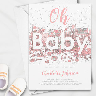 Åh Baby Akvarell Rosa Bebis Shower Inbjudningar