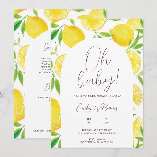 Åh Baby All in One Spring Lemon Baby Shower Inbjudningar (Fram/baksida)