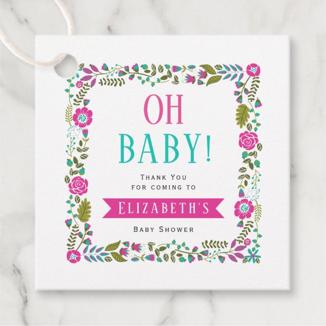 Åh Baby! Aqua, rosa blommigt babydusch Tack Gåvor Etiketter (Framsida)