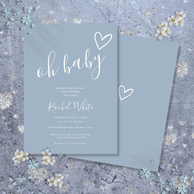 Åh Baby Baby Shower Hjärt Dusty Blå Minimalistisk Inbjudningar (Oh Baby Shower Heart Dusty Blue Minimalist Invitation)