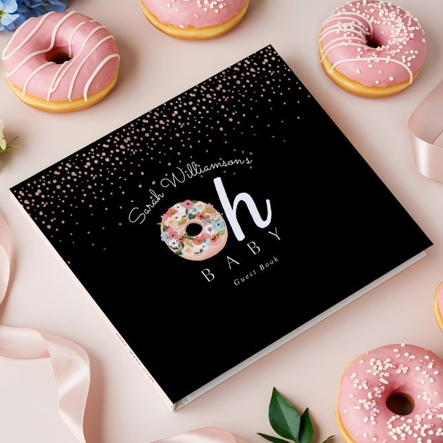 Åh Baby Black Blommigt Botaniskt donut Baby Shower Gästböcker (Oh Baby Black Floral Botanical Donut Baby Shower Guest Book)