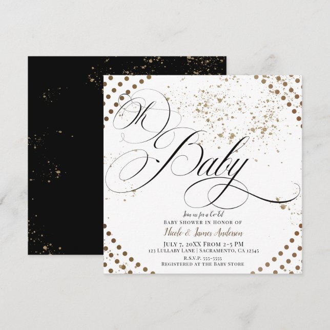 Åh Baby Black Bronze Modern Co-ed Chic Baby Shower Inbjudningar (Fram/baksida)