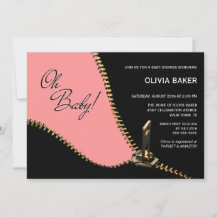 Åh Baby Black Rosa med Guld Zipper Baby Shower Inbjudningar