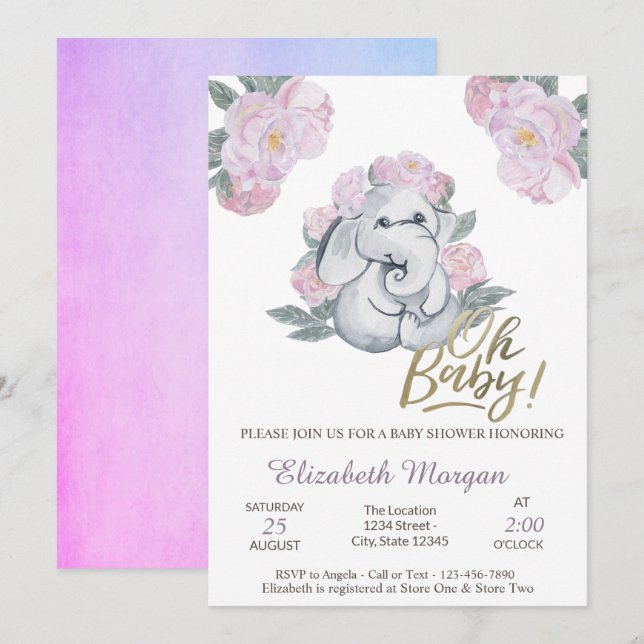 Åh Baby Blommig Elefant Baby Shower   Inbjudningar (Fram/baksida)