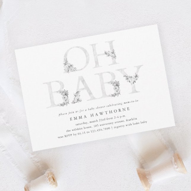 Åh Baby Blommig Typ Könsneutral Baby Shower Inbjudningar (Oh Baby Elegant Floral Typography Gender Neutral Baby Shower Invitation.)