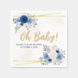 Åh Baby blue Blommigt & Guld Baby Shower Napkins Pappersservett