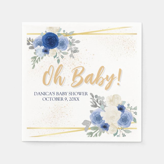 Åh Baby blue Blommigt & Guld Baby Shower Napkins Pappersservett (Framsidan)