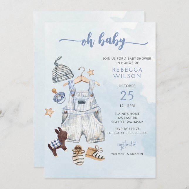 Åh Baby blue Boho Boy Baby Shower-inbjudan Inbjudningar (Fram/baksida)