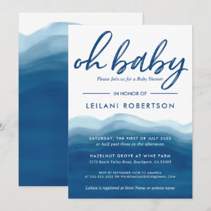 Åh Baby blue Boy Shower Watercolor Wave Inbjudningar