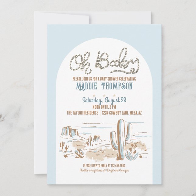 Åh Baby blue Cowboy Desert Baby Shower-inbjudan Inbjudningar (Framsida)