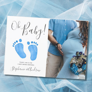 Åh Baby blue Feet Photo Boy Shower Inbjudningar